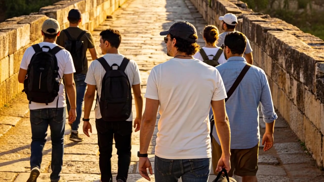 Sette persone camminano visitando un sentiero storico in pietra verso la fine, un uomo con maglietta bianca porta un borsone.