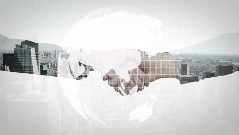 Animation-of-globe-over-businesswoman-handshake