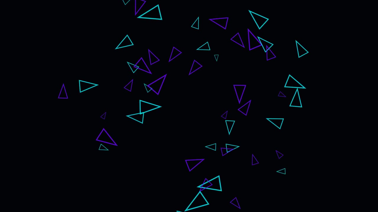 Animazione astratta di triangoli geometrici al neon fluttuanti su sfondo nero