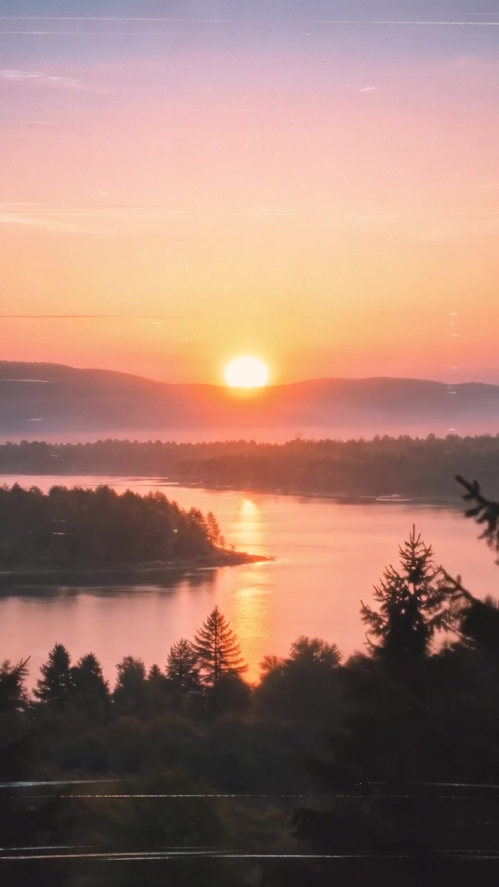 Prachtige zonsondergang boven een kalm meer met silhouetten van pijnbomen.