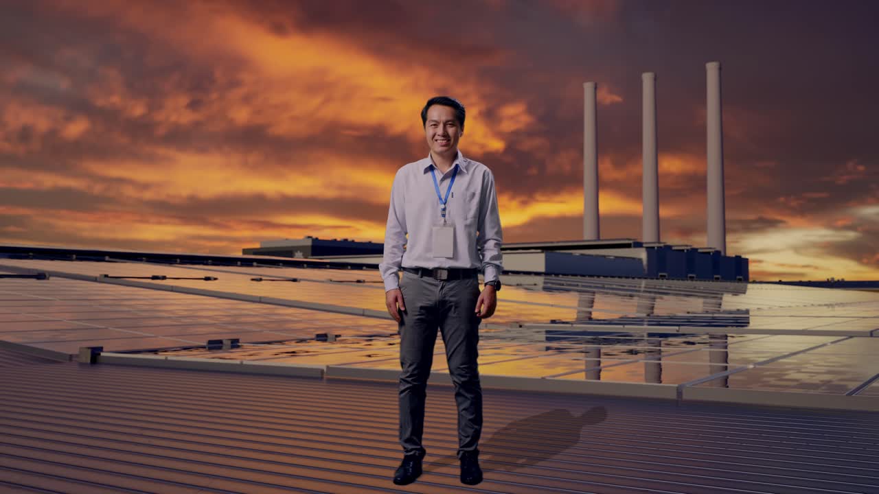 Un lavoratore professionista asiatico a figura intera in piedi, ispeziona pannelli solari su un tetto al tramonto, guarda la fotocamera e sorride.