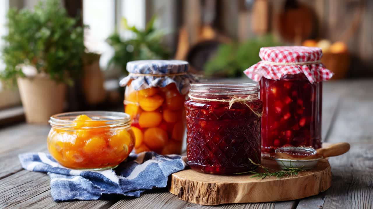 Eine wunderschöne Anordnung von hausgemachten Konfitüren und Gelees, die dekorativ in Gläsern auf einem rustikalen Holztisch präsentiert werden, umgeben von frischen Zutaten und Kräutern