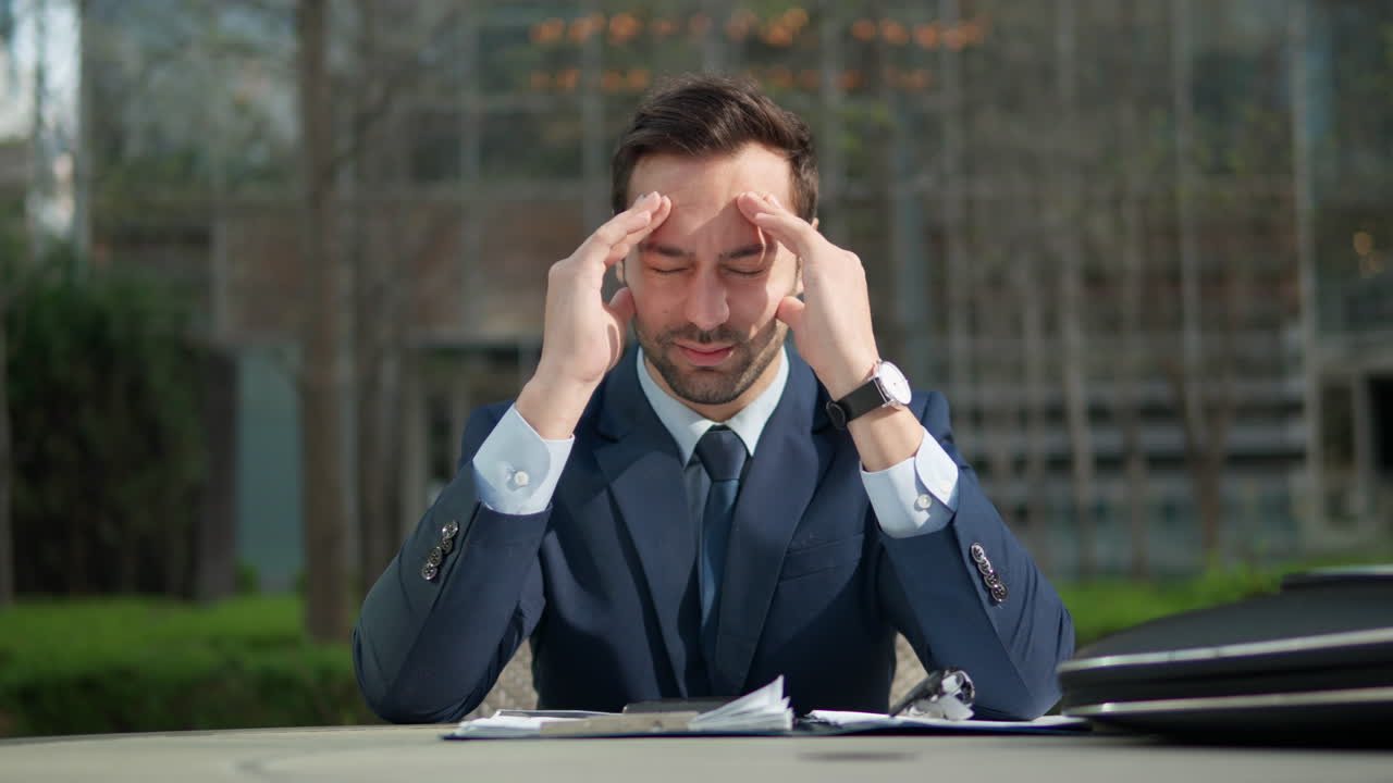 enfermo cansado frustrado caucásico barbudo de unos 30 años hombre de negocios trabajador molesto gerente triste sentirse estresado sufrir de pérdida de trabajo malas noticias preocupado por el problema fallido inicio problemas con los impuestos sentado en un parque