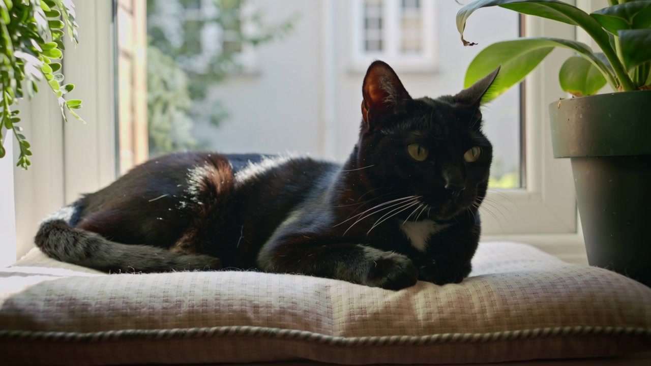 Shifting head, black cat with white chest resting on sill cushion by pane tracking outside movement