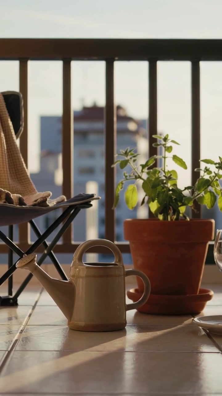Video verticale: Telecamera in panoramica che rivela un annaffiatoio in ceramica e un vaso di argilla sul balcone per mostrare altro.