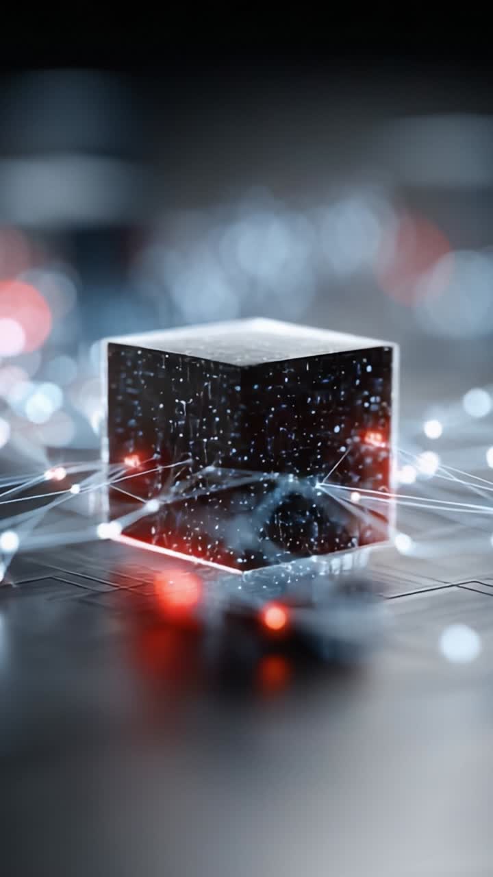 A Captivating Fusion of Light and Digital Technology: Exploring a Futuristic Cubical Structure Surrounded by Vibrant Red and Blue Lights in a Conceptual Imagery