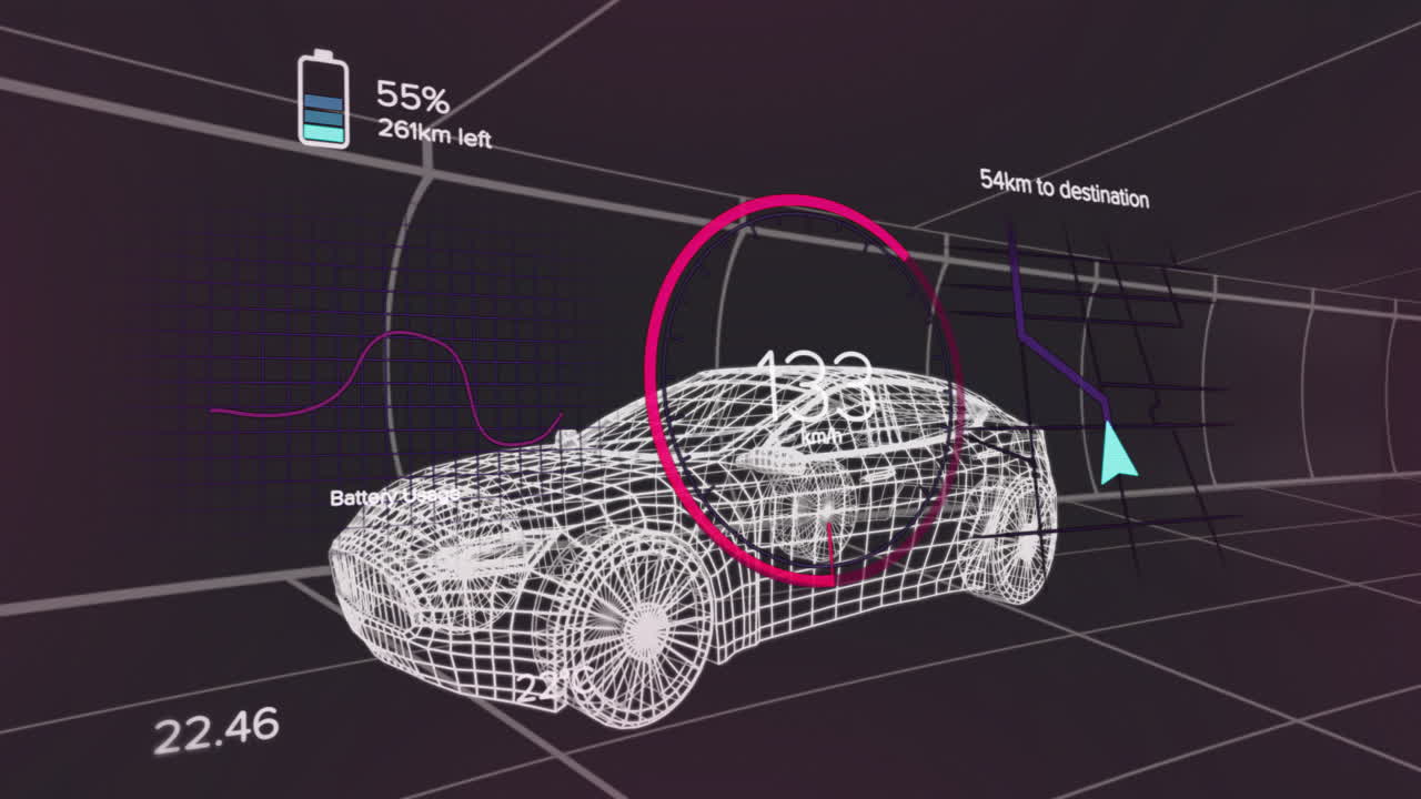 Animation showing wireframe car with battery status and distance data in interface