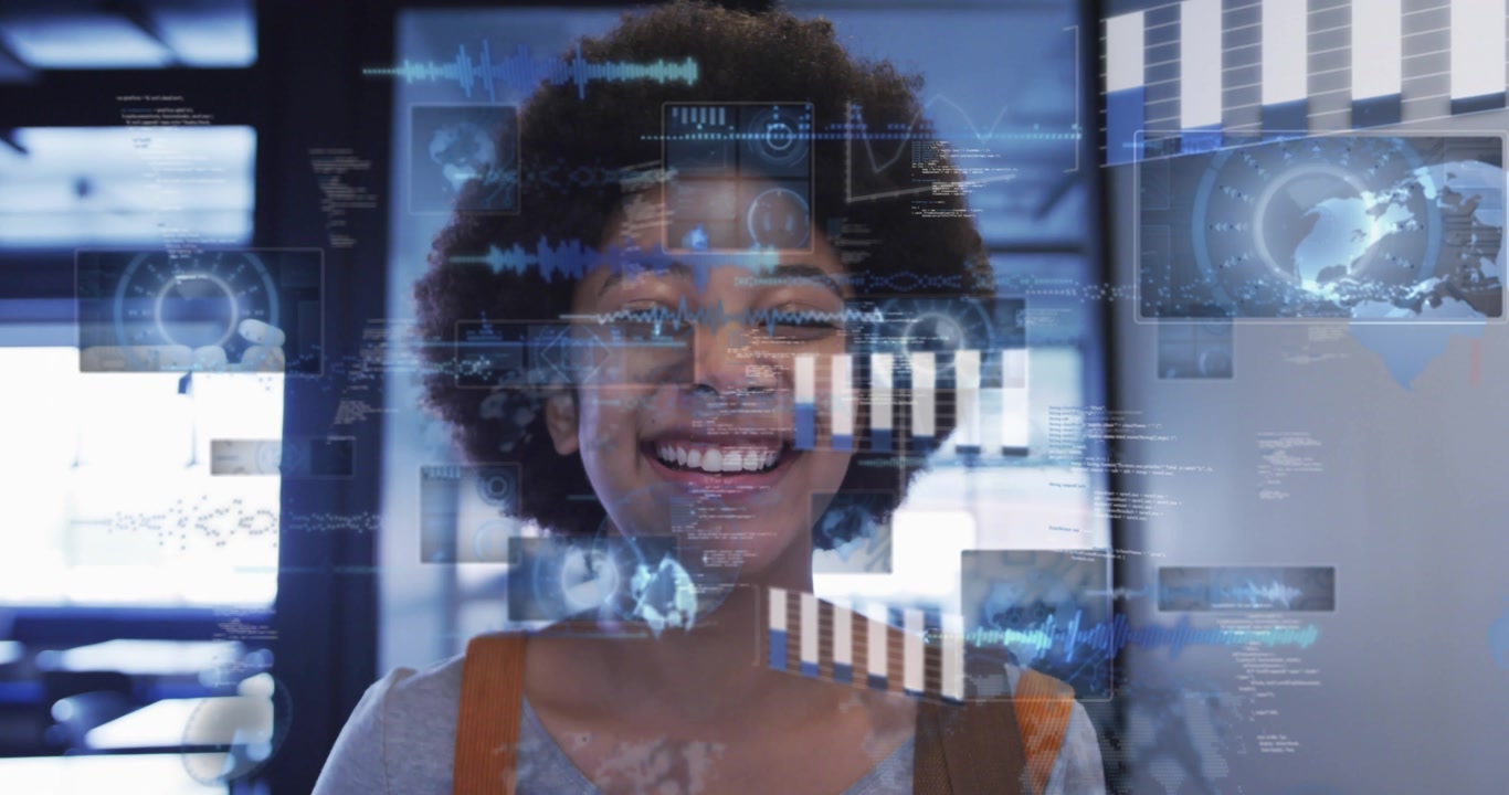 Smiling woman facing camera in office in light gray top, leather backpack straps and AR UI