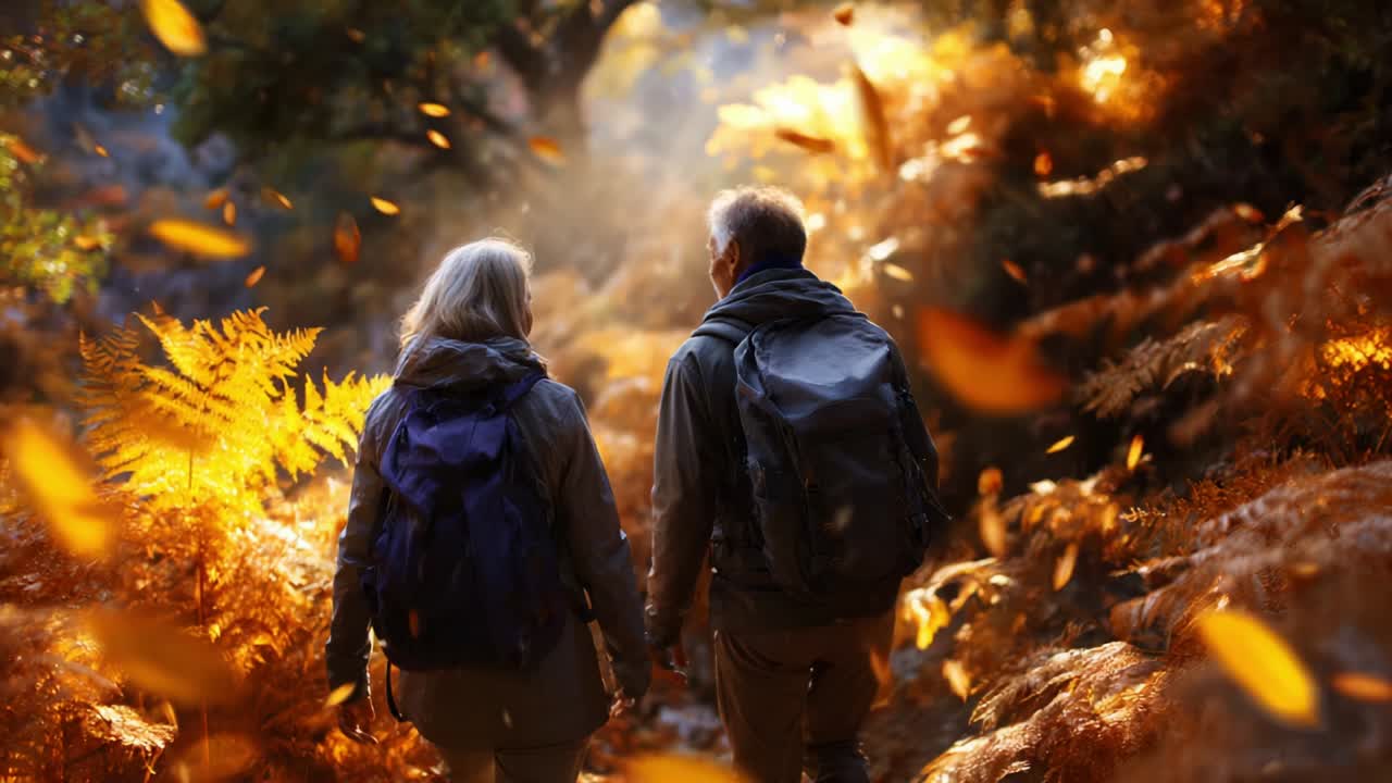 A Serene Autumn Stroll Through a Lush Forest Pathway, Featuring a Couple Enjoying the Natural Beauty Surrounded by Vibrant Orange Ferns and Gentle Sunlight Filtering Through the Trees