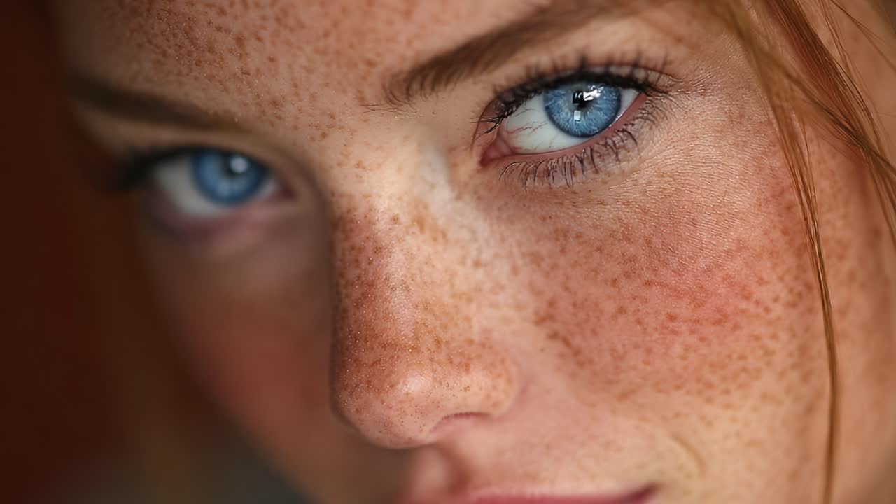 Captivating Close-Up of a Freckled Young Woman with Stunning Blue Eyes Capturing the Essence of Natural Beauty and Radiant Skin in an Intimate Portrait Session