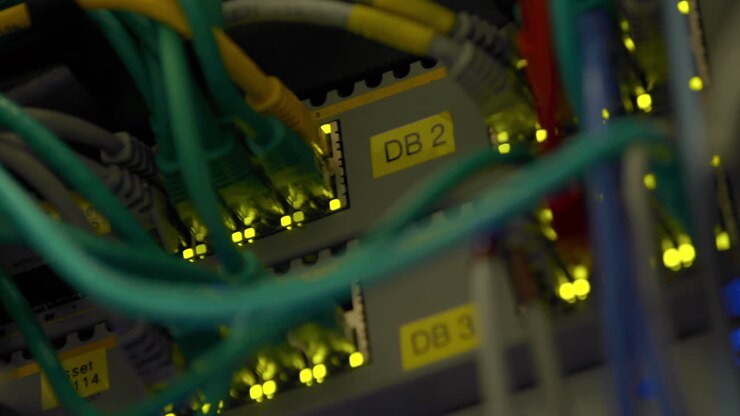 Green lights in server close up