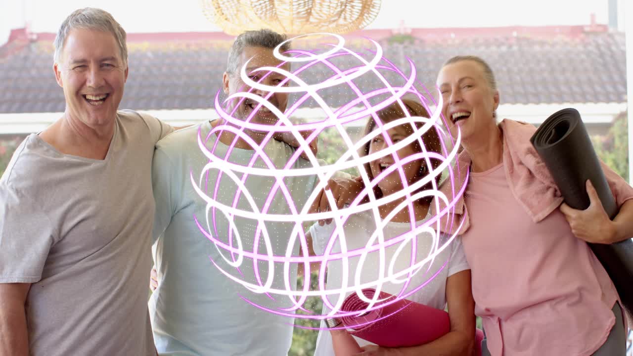 Four adults holding mats on patio while globe emerging leaning linking arms laughing for wellness