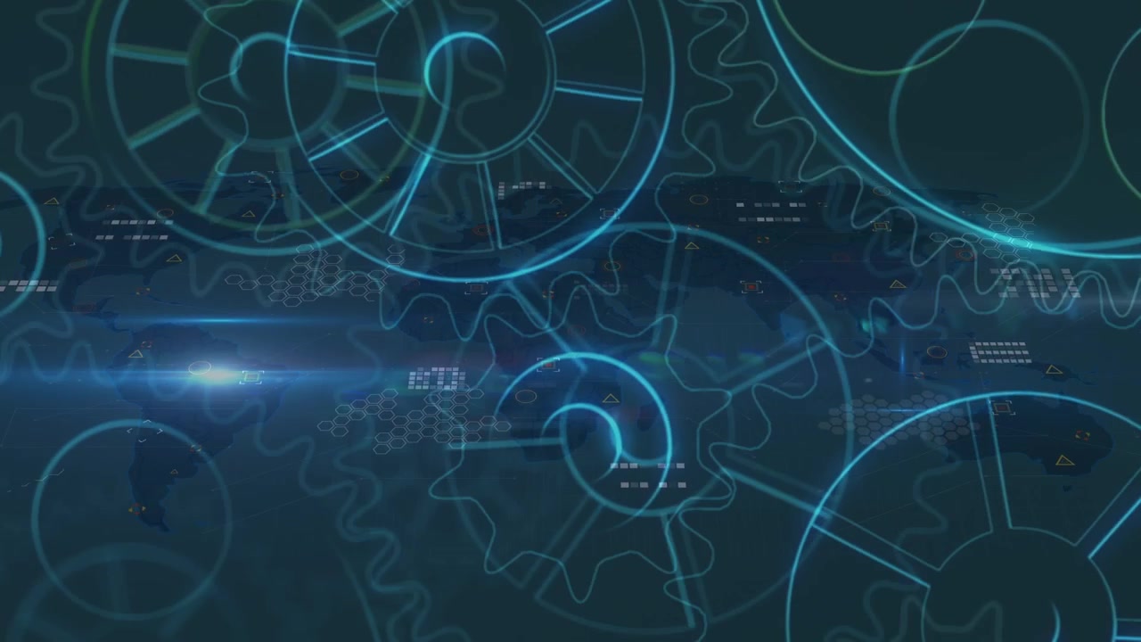 Animation of spinning settings icons and data processing over world map on blue background