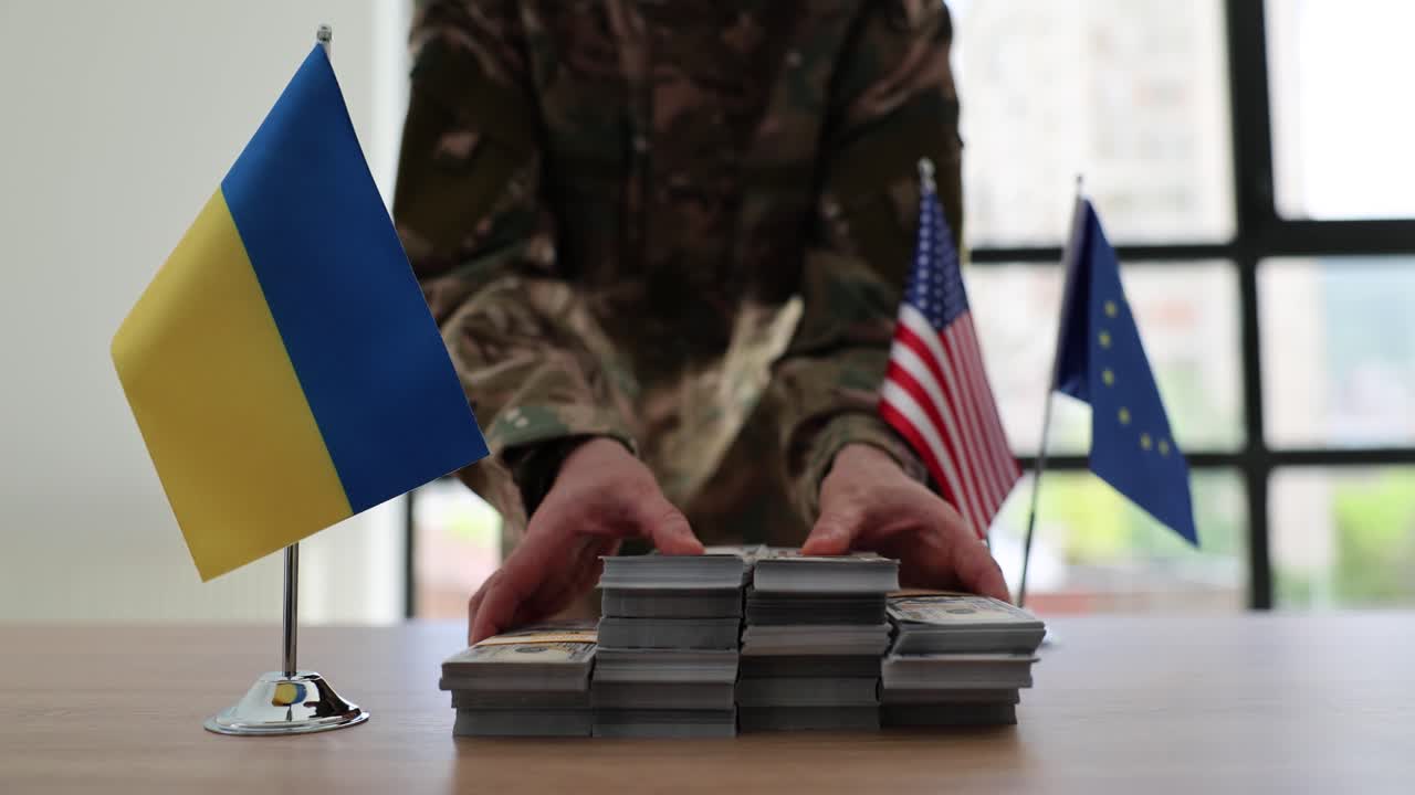 Flags of Ukraine, USA, and EU with money