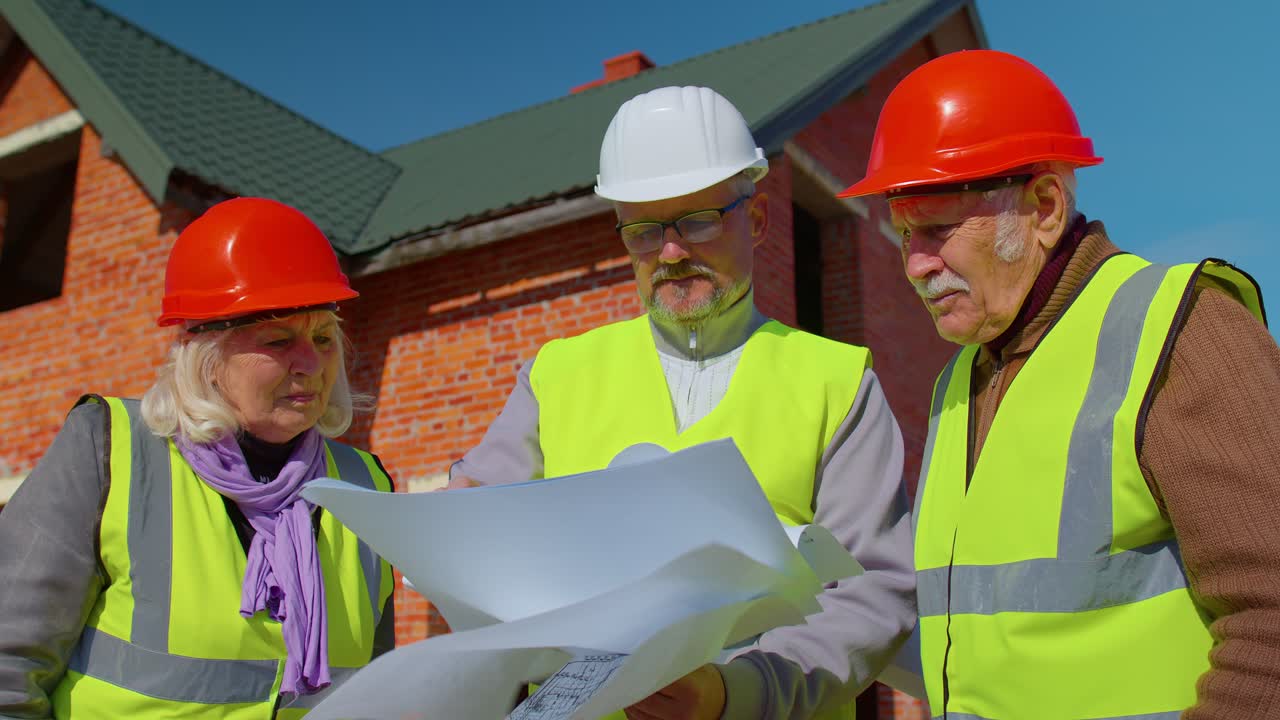 agente de bienes raíces vendiendo una casa nueva a un abuelo de abuela mayor, mostrando planos de construcción