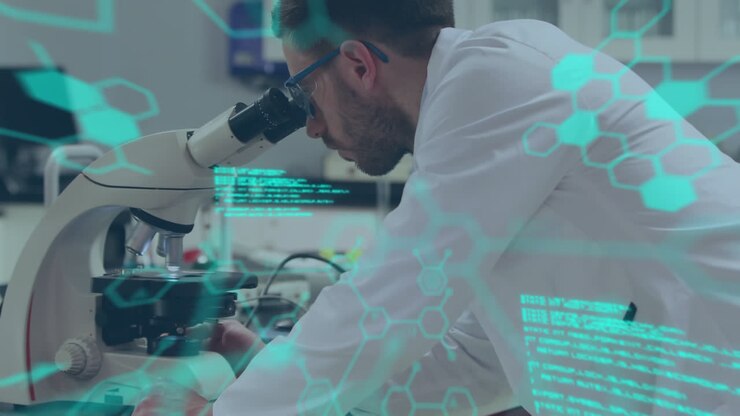 Animation of data processing and molecules over male doctor working in lab