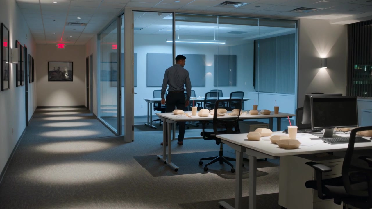 Rubbing head walking employee wearing shirt entering glass conference room to check desks with cups