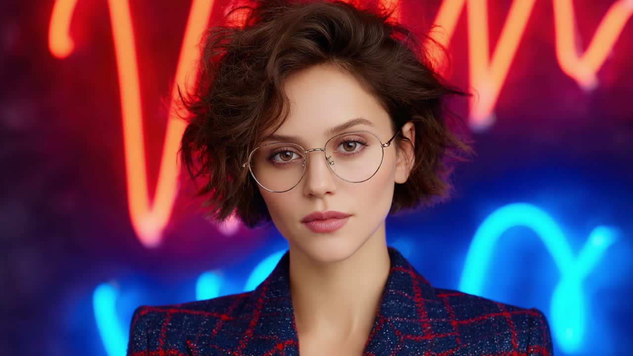 A Captivating Portrait of a Woman with Stylish Hair and Glasses, Set Against a Vibrant Neon Background That Enhances Her Charismatic Presence and Modern Style