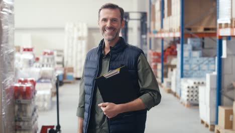 portrait of smiling caucasian man in a warehouse.