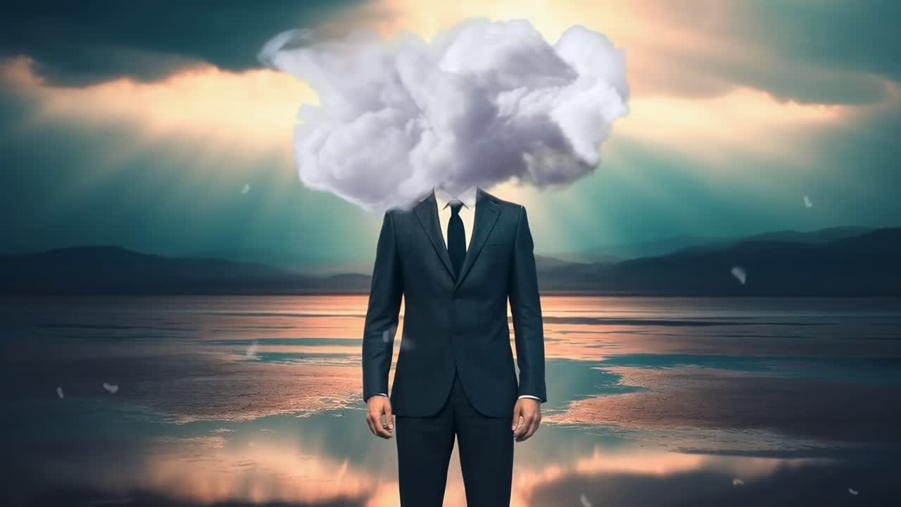 Surreal video concept with a frontal angle: a suited man with a cloud obscuring his head