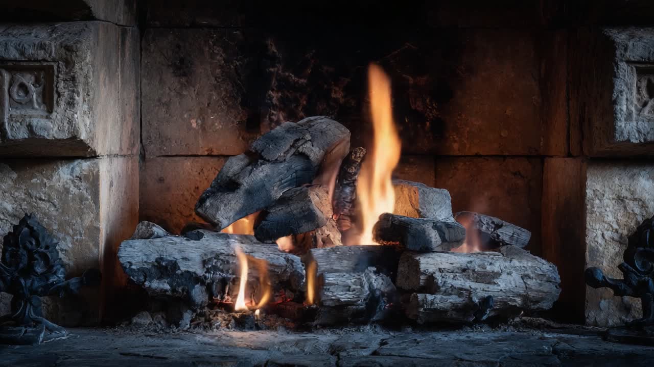A Cozy and Captivating Hearth: The Warm Glow of a Crackling Fire within a Rustic Stone Fireplace, Perfect for Gathering Around in Chilly Evenings