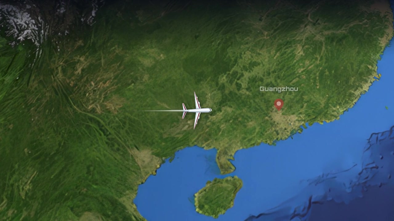 Aerial satellite map animation tracks a commercial airplane flying from Mumbai to Guangzhou over land