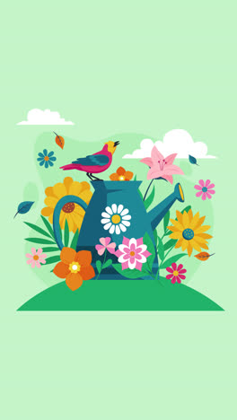 spring garden scene with bird and watering can
