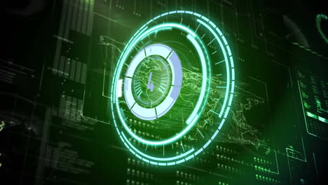countdown timer over neon round scanner against digital interface with data processing