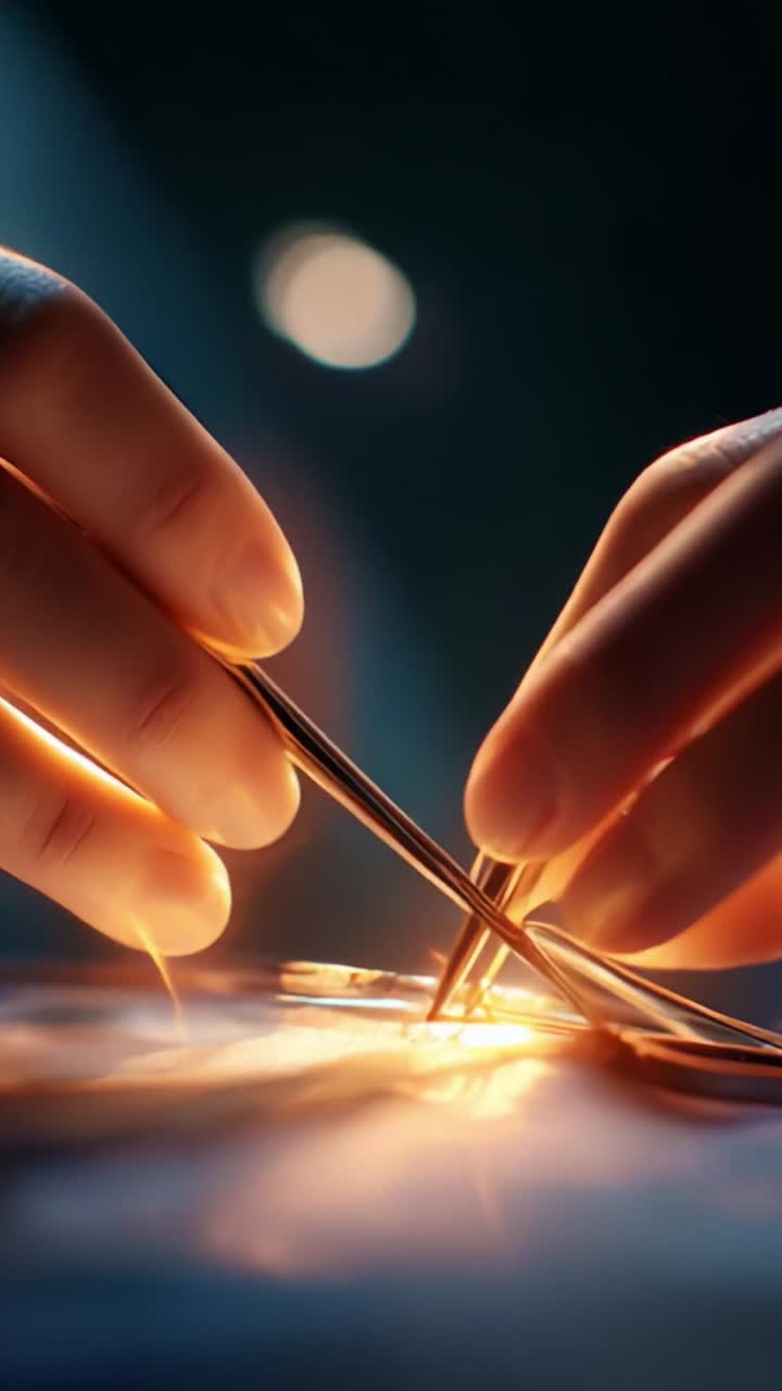 Intricate Surgical Procedure: Close-Up of Skilled Hands Utilizing Surgical Tools for Precision in a Sterile Environment, Highlighting Focus and Expertise