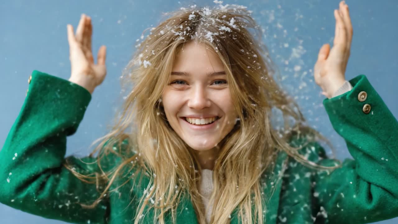Joyful Girl in Green Coat Joyously Enjoying Snowfall, Capturing the Spirit of Winter with a Beaming Smile and Sparkling Snowflakes in the Air