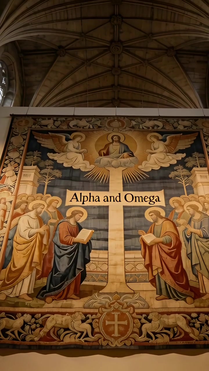 Vertikales Video: Kamera schwenkt im Kirchenschiff nach oben und enthüllt einen Alpha-und-Omega-Wandteppich