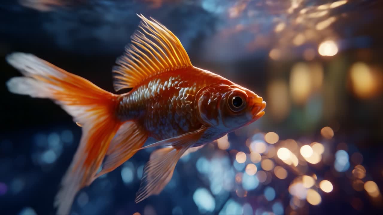 Un pesce rosso vivace che scivola con grazia nell'acqua scintillante, mettendo in mostra le sue pinne colorate e le squame luccicanti in un ambiente acquatico splendidamente illuminato