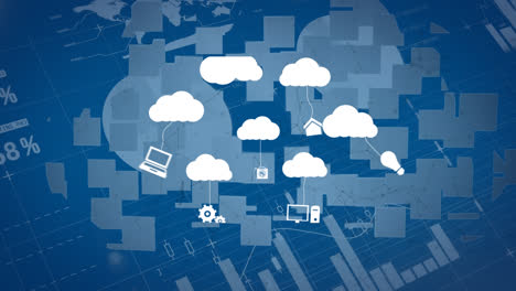 Animation-Von-Wolken-Mit-Symbolen-über-Diagramm-Und-Datenverarbeitung