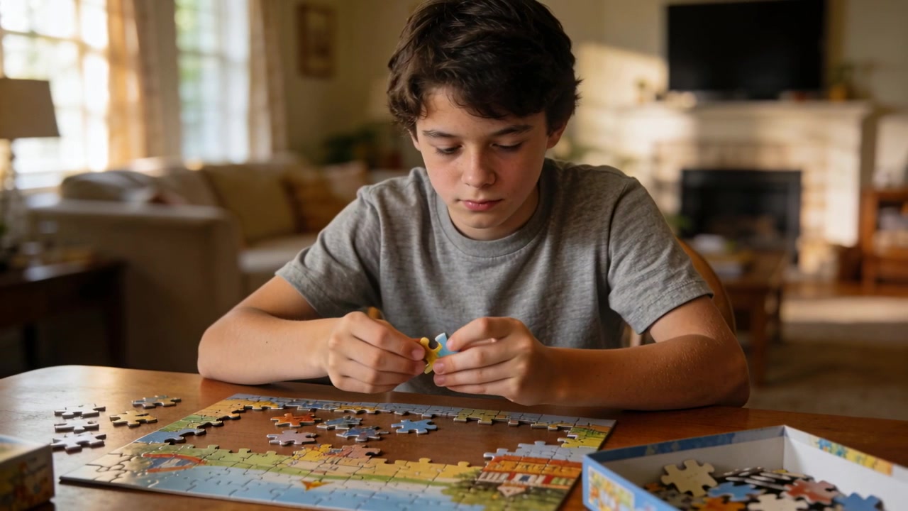Un adolescente in maglietta grigia esamina e incastra i pezzi di un puzzle al tavolo di casa per completarlo.