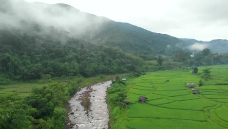 Luftbild-Von-Paddy-Mit-Fluss,-Nebel,-Berg-Und-Hütten