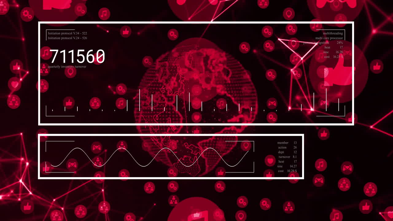 빨간색 디지털 요소와 숫자 통계로 글로벌 데이터 시각화를 활성화합니다.