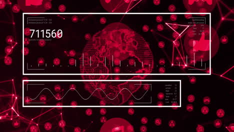 animating global data visualization with red digital elements and numerical statistics