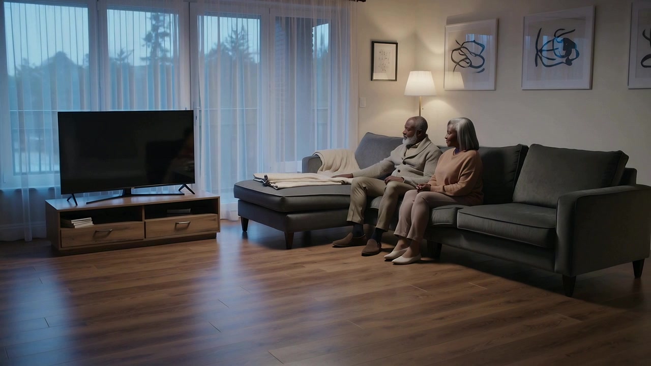 Sitting senior couple wearing sweaters and slippers facing dark TV by sheer doors, copy space