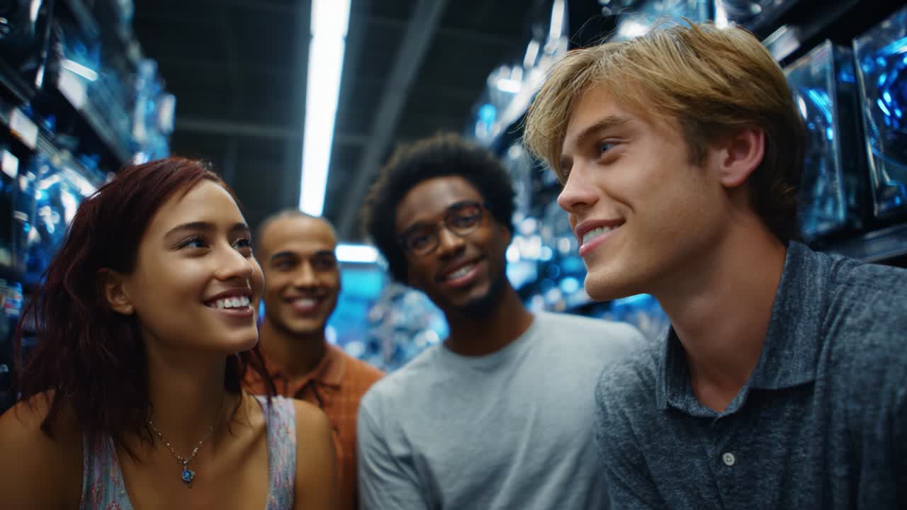 A group of friends share a joyful moment in an aisle filled with vibrant products, showcasing genuine laughter and connection among them within a well-lit store environment