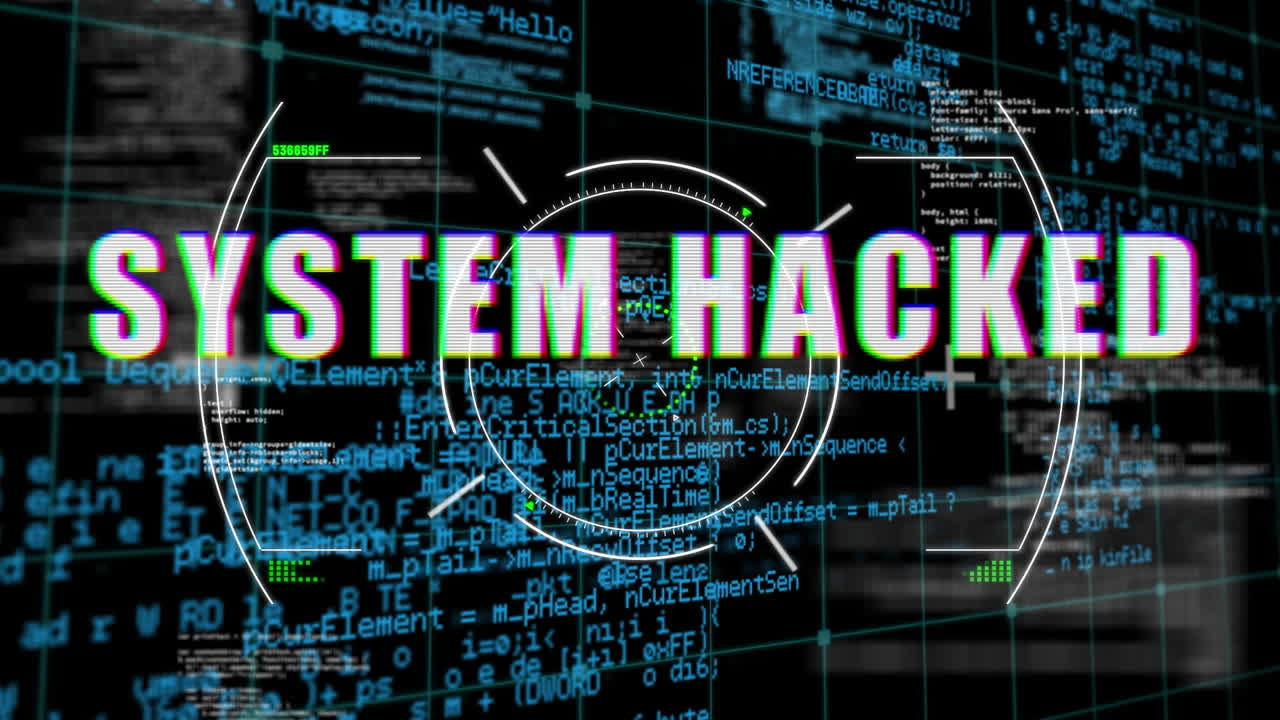 Animation of text, system hacked, on video playback screen with circular scope and data, on black