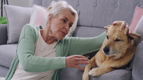 senior woman and dog relaxing on couch