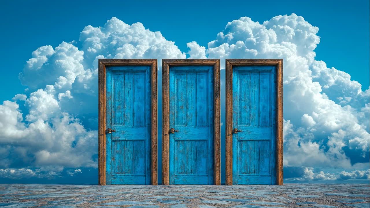 Three colorful doors against a blue sky. Bright blue wooden doors stand in a row beneath a beautiful sky with fluffy white clouds, creating a striking scene