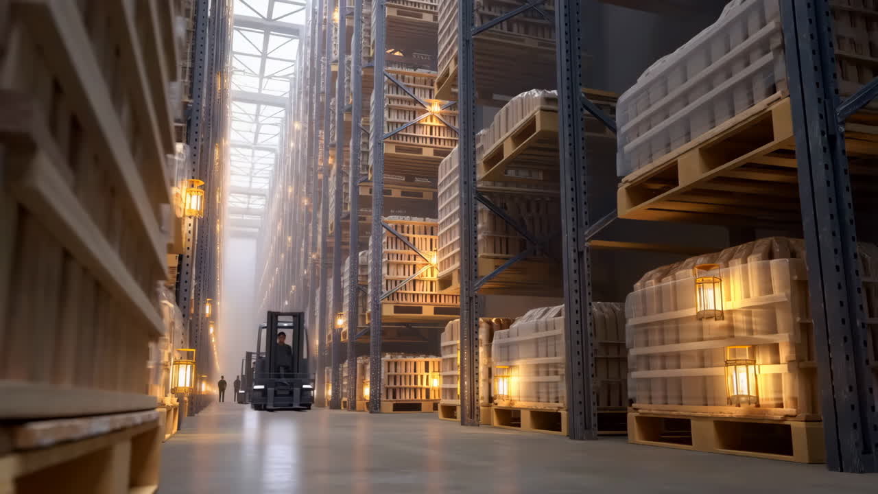 Forklifts moving through a modern high-bay warehouse
