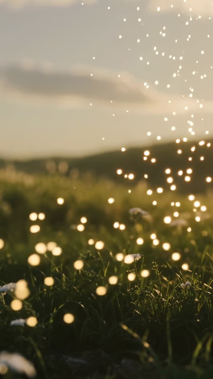 Vertical video: Casting golden light, grass patch holding white daisies, bokeh orbs drifting