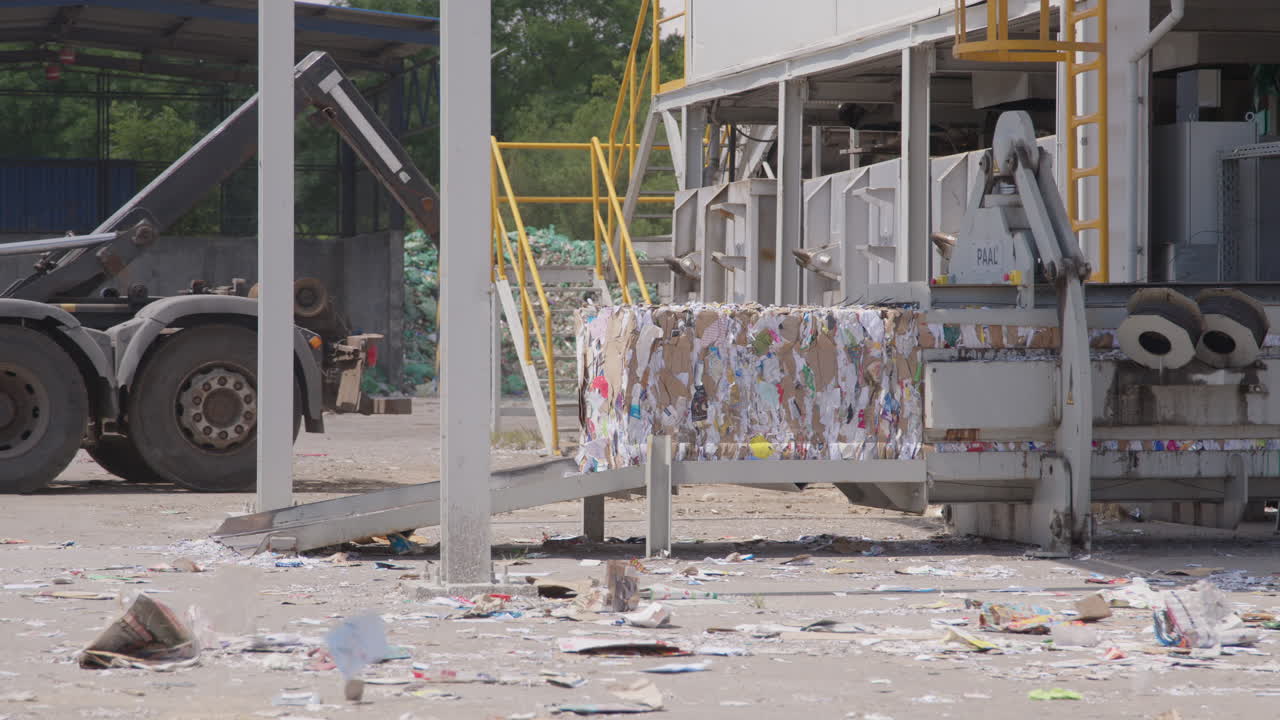 camiones impulsados por balas de papel compactas en una planta de reciclaje al aire libre, estática