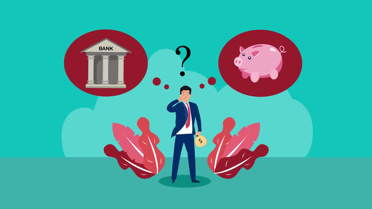 은행이나 돼지 은행에 돈을 저축하는 생각을 하는 사람