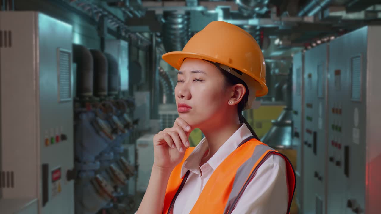 Close Up Side View Of Asian Female Engineer With Safety Helmet Thinking About Something And Looking Around While Standing In Engine Control Room, Work Of Electrical Generators