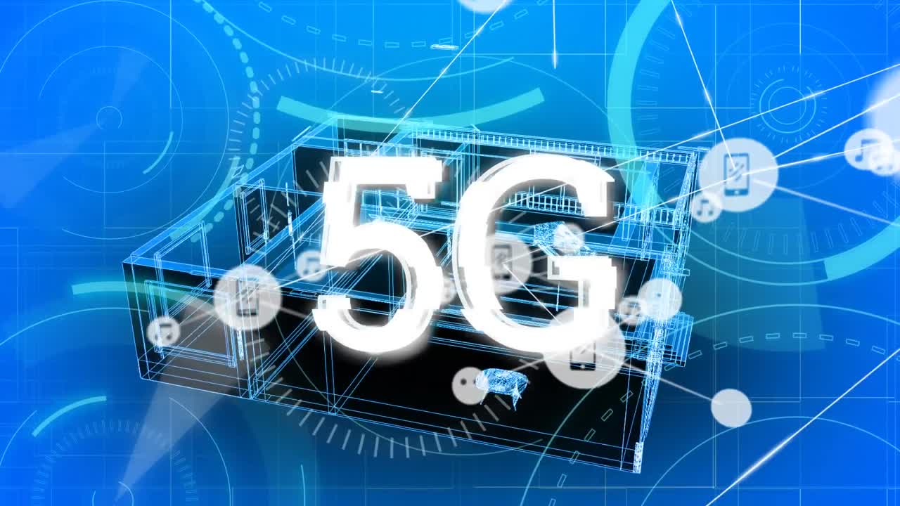 5g를 통한 연결 네트워크의 애니메이션 텍스트와 파란색 배경의 디지털 집 모델
