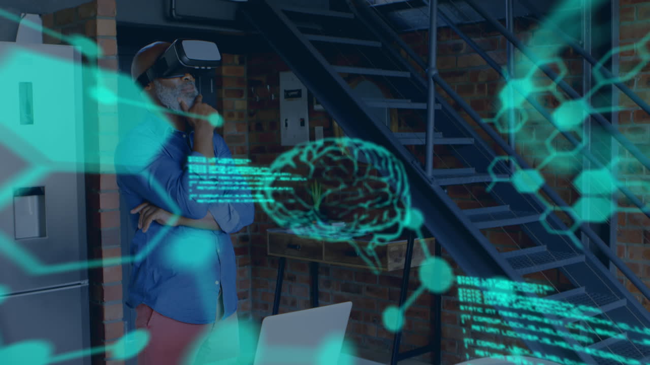 Scientific data with man wearing VR headset in a background 4k