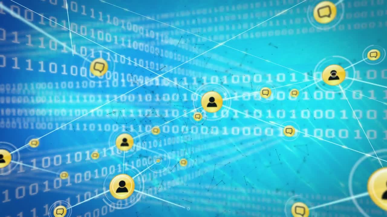 Animation of network of connection with icons over blue background with binary code